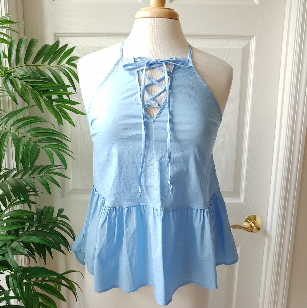 Francescas Peplum Lace Up Halter Tank Top Blue Small